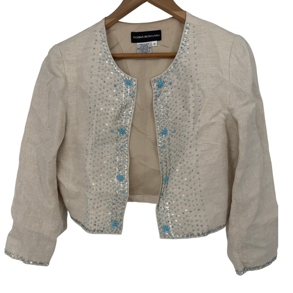 Donna‎ Morgan Linen Beaded Sequin Cropped Jacket  Turquoise Retro Chic Artisanal